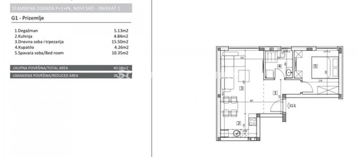 Jednoiposoban stan na prodaju, Adice, Novi Sad, 40m², 67.980 €