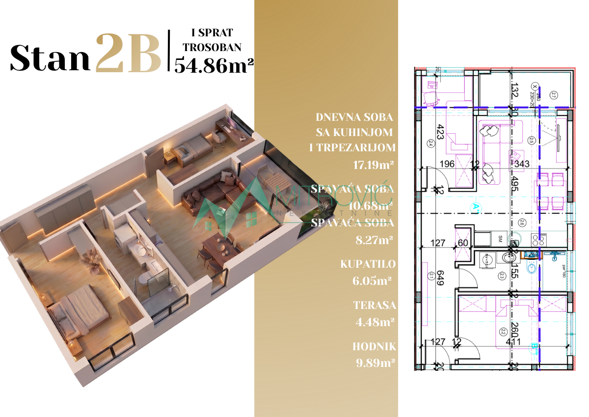 Dvoiposoban stan na prodaju, Adice, Novi Sad, 54m², 123.945 €