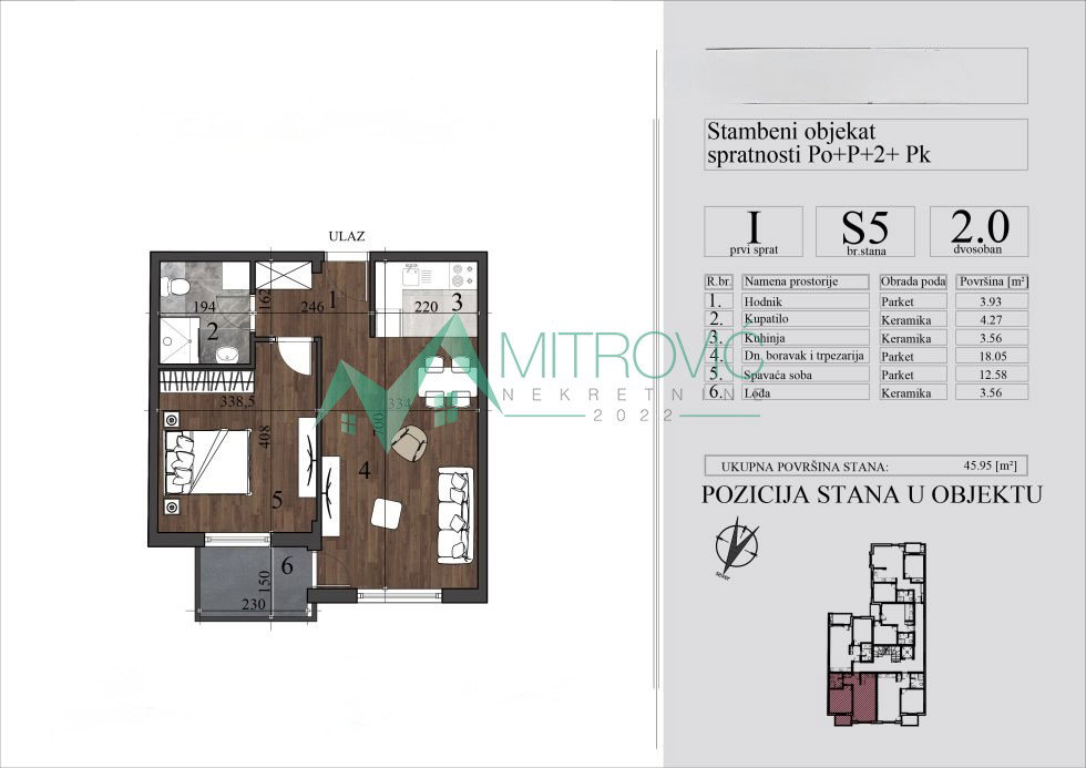 Dvosoban stan na prodaju, Nova Detelinara, Novi Sad, 45.95m², 1. sprat, 137.250 €