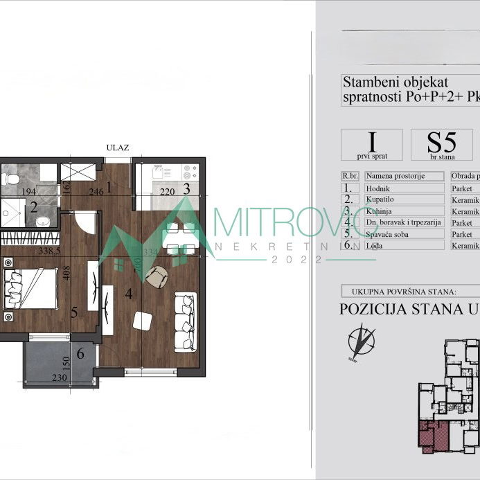 Dvosoban stan na prodaju, Nova Detelinara, Novi Sad, 45.95m², 1. sprat, 137.250 €