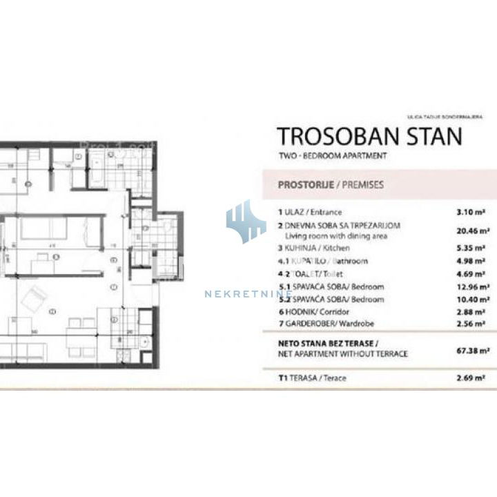 Trosoban stan na prodaju, Blok 65, Beograd, 70m², 329.000 €