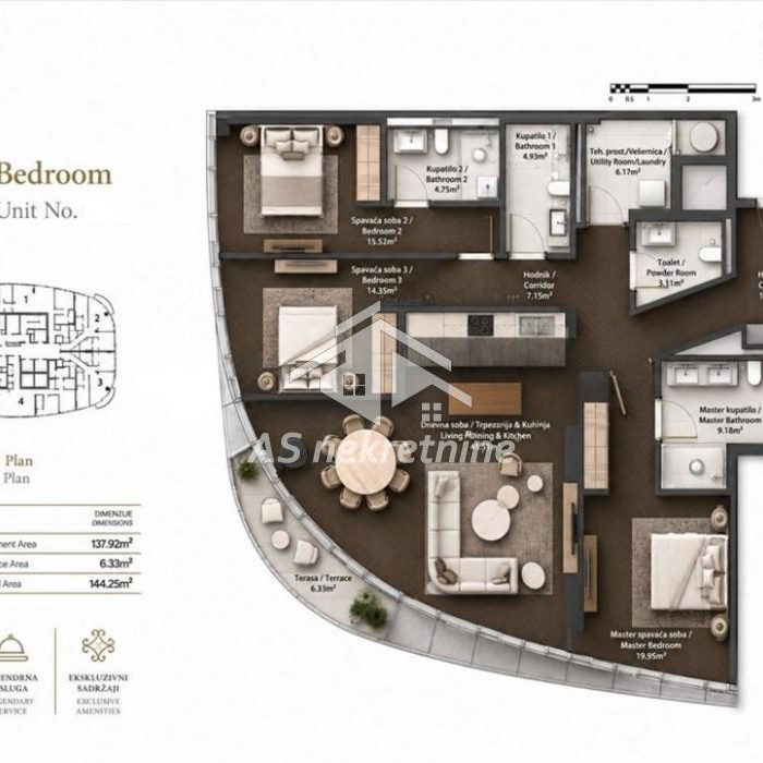 Četvorosoban stan za izdavanje, Beograd na Vodi, Beograd, 144m², 15.000 €/mes