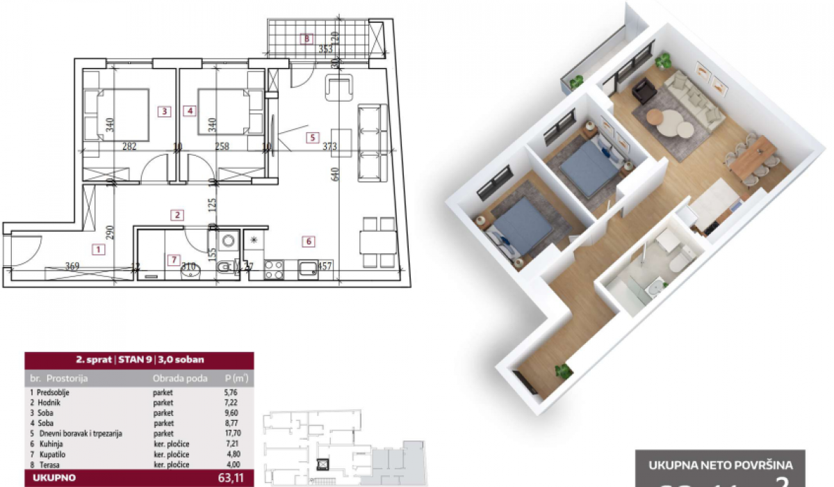 Trosoban stan na prodaju, Bulevar Oslobođenja, Novi Sad, 63m², 195.300 €
